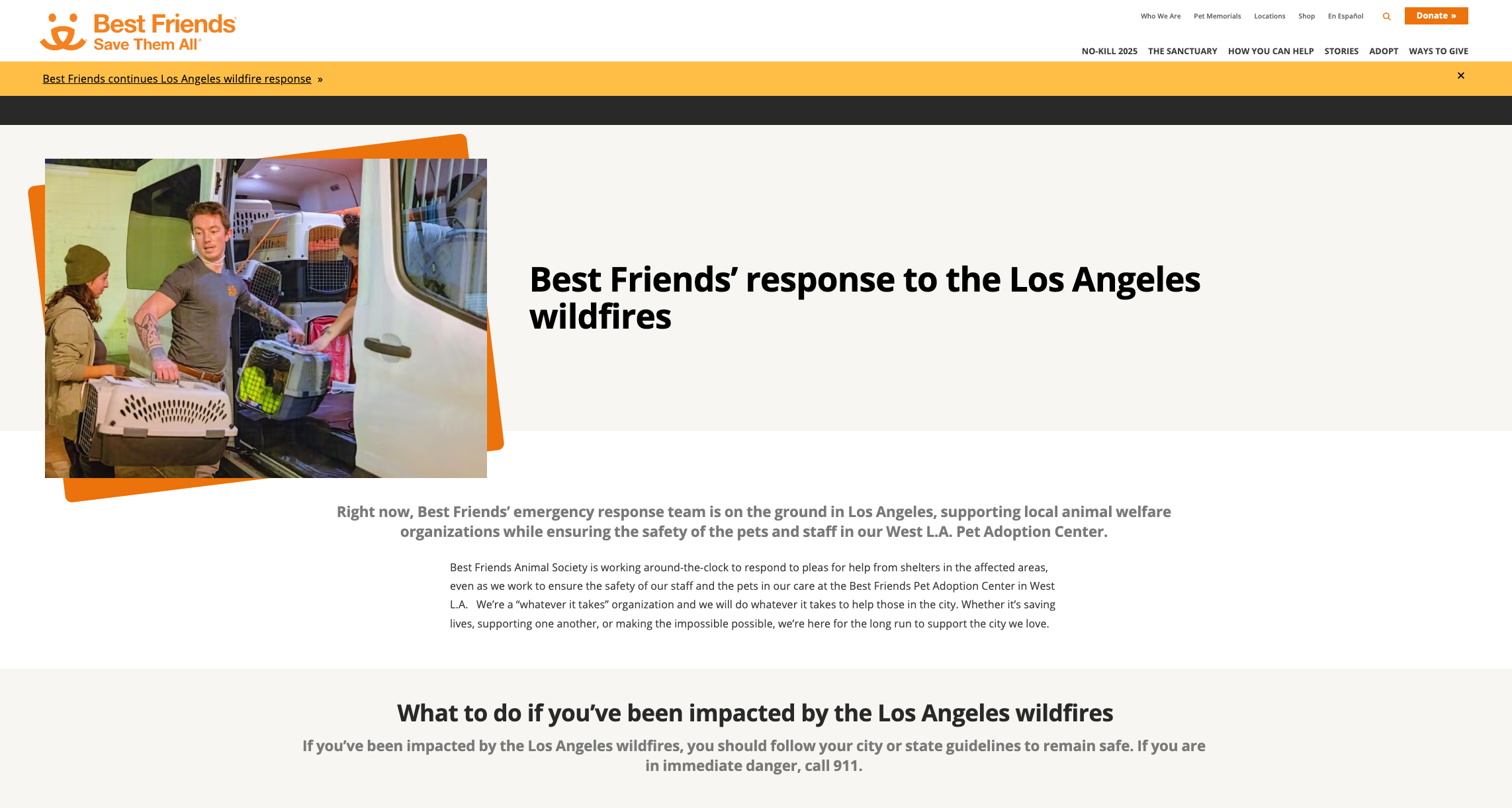 Best Friends response to LA wildfires landing page